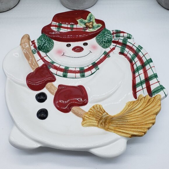 Fitz & Floyd 2000's Plaid Christmas Snowman 9" Canape Plate - Picture 4 of 11